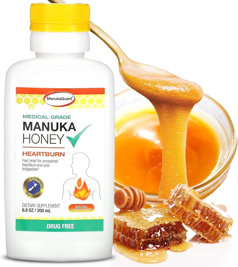 ManukaGuard Heartburn Nutralizer, Medical Grade Manuka Honey 6.8oz - Øjeblikkelig Heart Burn og syre fordøjelsesbesvær Relief. Drug- fri antacida alternativ