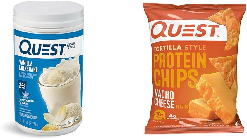 Quest Vanilla Milkshake Protein Powder, 24g Protein, 1,6lb + Quest Nacho Cheese Tortilla Style Protein Chips, 18g Protein, Pack of 12