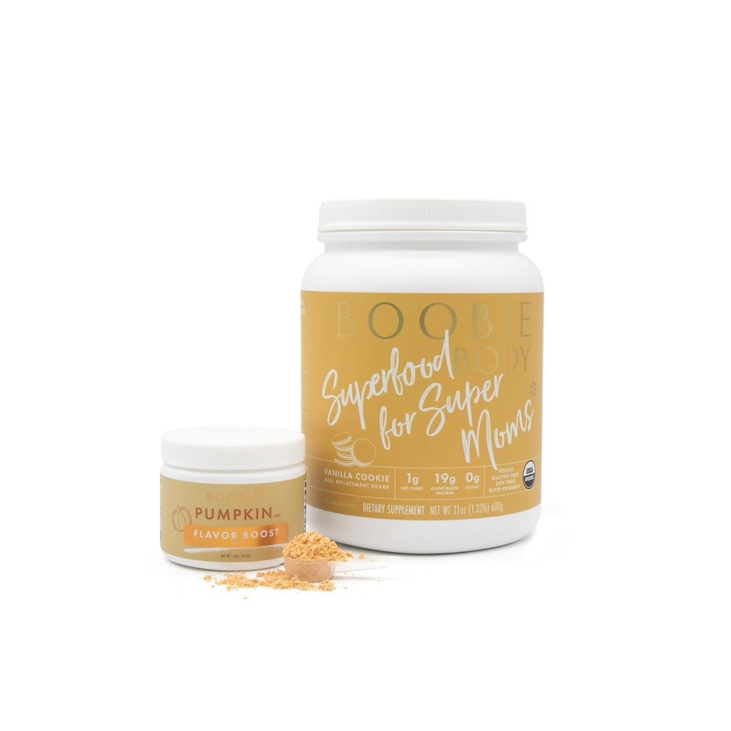 Boobie Body Superfood Protein Shake med Flavor Boost Bundle - Graviditet Protein Powder for Amning Support, Metabolisme og energi (21oz Vanilla Cookie Protein Tub, 1.32oz Pumpkin Flavor Boost)