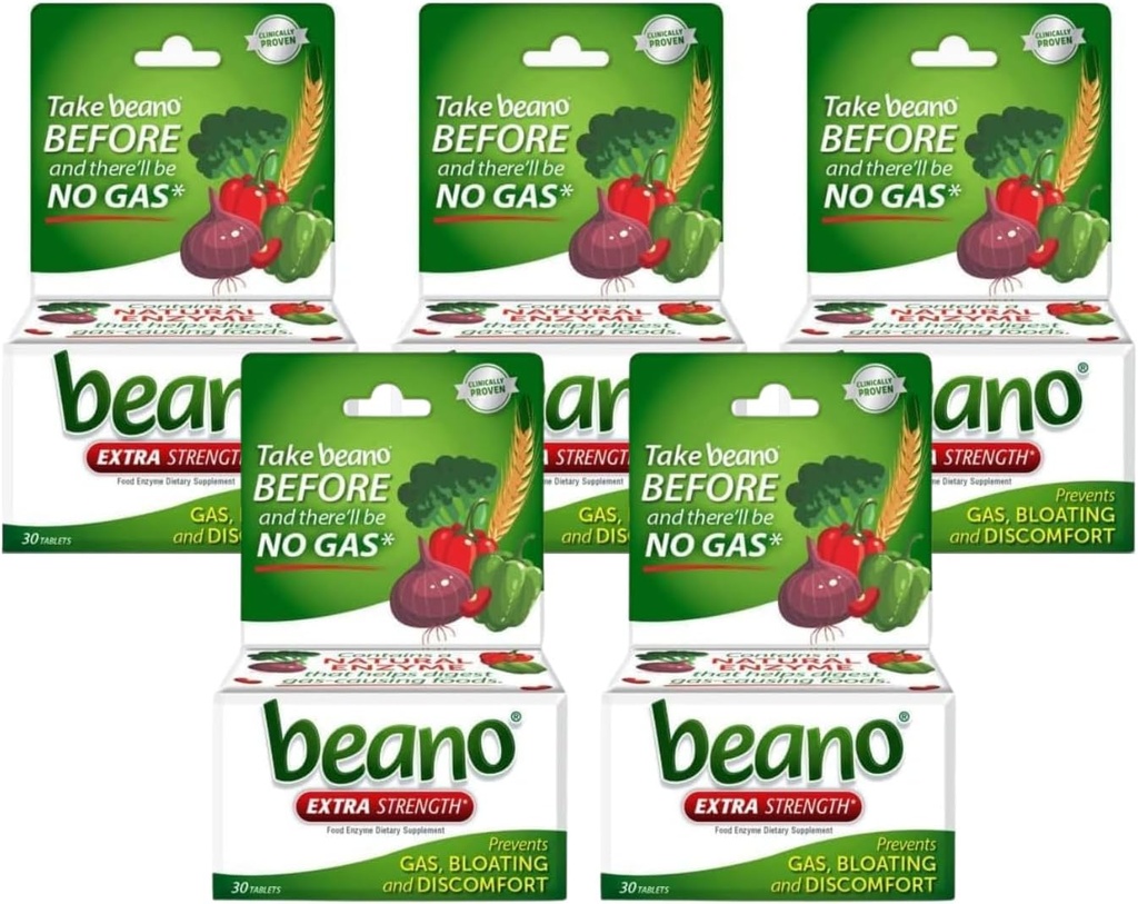 Beano Extra Strength, Gas Prevention & Digestive Enzyme Supplement, 30 Greve (pakke med 5)