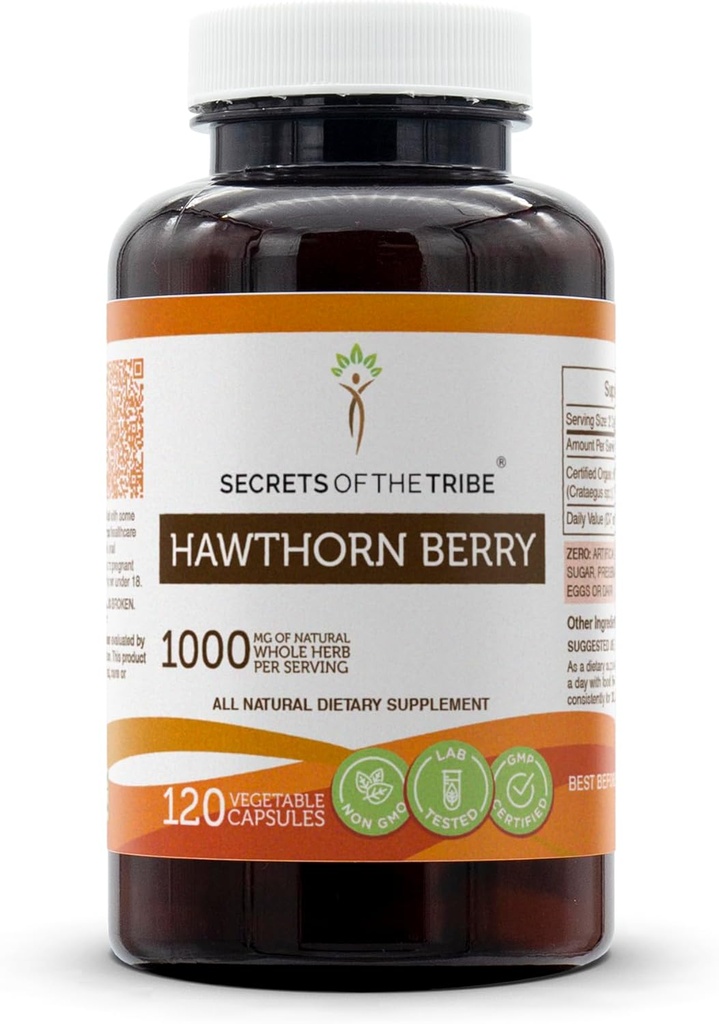 Secrets of the Tribe Hawthorn Berry Capsules 1000 mg Hawthorn (Crataegus spp.) Tørret Berry, Cardio Support Supplement (120 Kapsler)