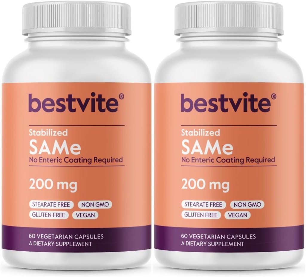 BESTVITE SAM- e 200mg Stabiliseret (120 vegetariske kapsler) (60 x 2) - Let at synke Kapselform - Ingen Enteric Coat påkrævet - Ingen Stearates - Ingen Fillers - Vegan - Ikke GMO - Gluten fri