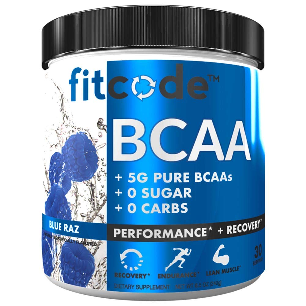 Fitcode Ultra Premium BCAA med 5G af Pure BCAA med Proven 2: 1: 1 Ratio af Aminosyrer til at hjælpe med at Post Workout Inddrivelse, Lean Muscle Growth, Endurance, 30 Servering (Blue Raz)