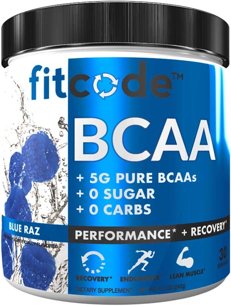 Fitcode Ultra Premium BCAA med 5G af Pure BCAA med Proven 2: 1: 1 Ratio af Aminosyrer til at hjælpe med at Post Workout Inddrivelse, Lean Muscle Growth, Endurance, 30 Servering (Blue Raz)