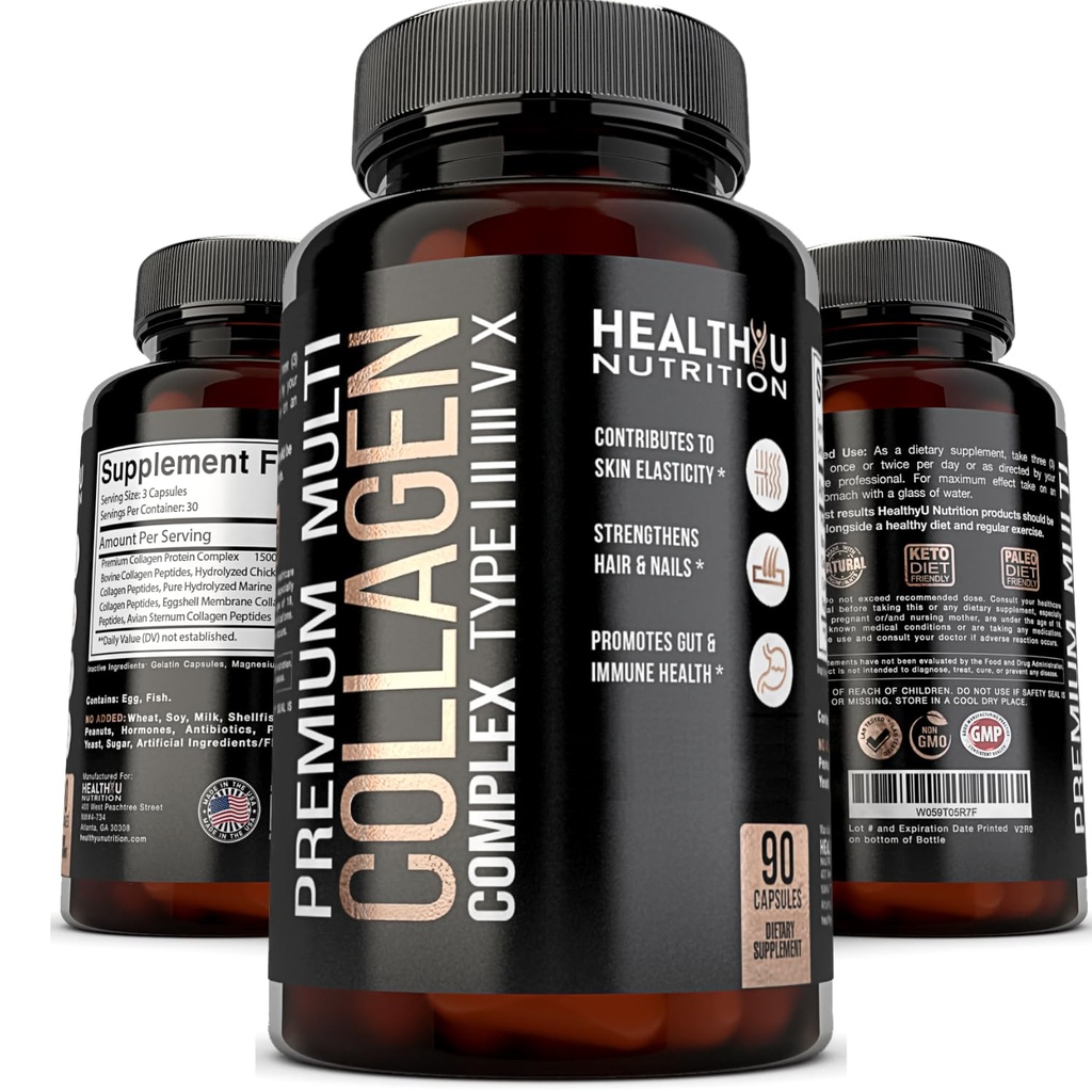 Multi Collagen Peptides Type I II III V X Hydrolyzed Men Women 90 Capsules | Premium Hydrolyzed Collagen Peptides Pills Supplements for Men & Women Pastillas Colageno Hidrolizado para Hombre Mujer