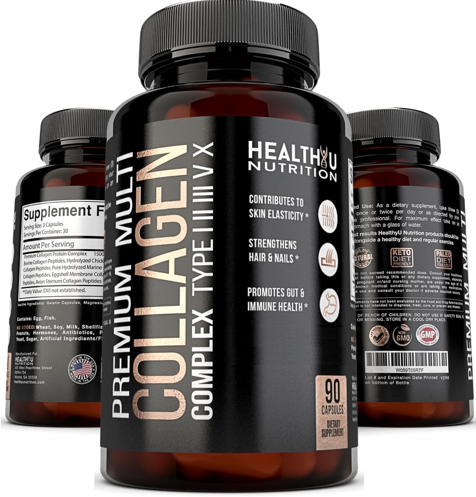 Premium Multi Collagen Peptider piller - Hydrolyserede collagen kapsler til mænd og kvinder type 1 2 3 5 10 - Collagen Kosttilskud til mænd - Colageno Hidrolizado Pastillas para Hombre Mujer 90 caps