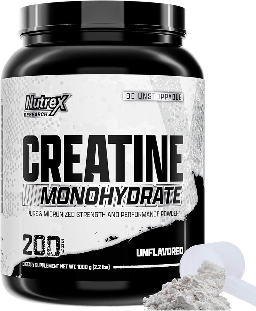 Nutrex Forskning Mikroniseret Creatin monohydrat pulver - 200 Servere (1KG) Pure, Unflavored Creatin monohydrat supplement for muskel Gain, Styrke og ydeevne, 5G Per Serv (2.2lbs)
