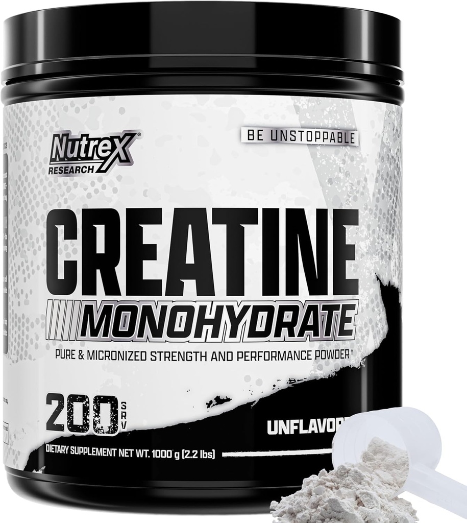 Nutrex Forskning Mikroniseret Creatin monohydrat pulver - 200 Servere (1KG) Pure, Unflavored Creatin monohydrat supplement for muskel Gain, Styrke og ydeevne, 5G Per Serv (2.2lbs)