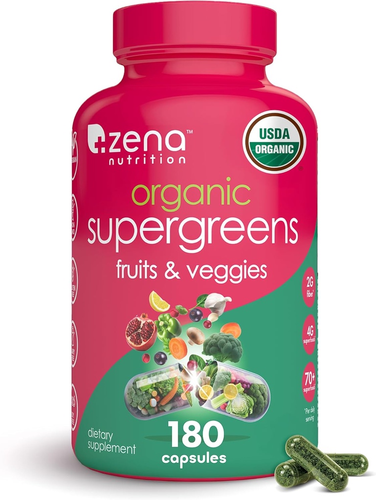 Zena Nutrition Organic Super Green Fruit & Veggies Supplement, 70 + Superfoods from Fruit & Grøntsager, 3g Fiber, Spirulina, Chlorella, Prebiotika & Probiotika, fordøjelige enzymer, 180 Kapsler