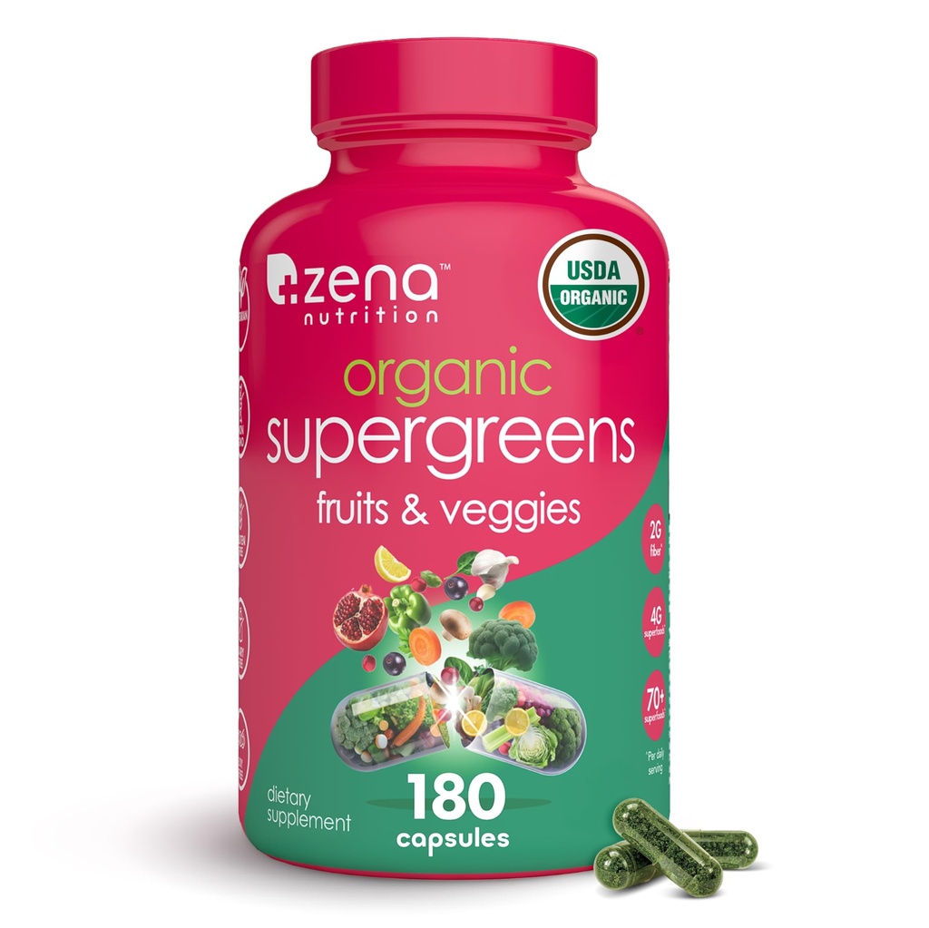 Zena Nutrition Organic Super Green Fruit & Veggies Supplement, 70 + Superfoods from Fruit & Grøntsager, 3g Fiber, Spirulina, Chlorella, Prebiotika & Probiotika, fordøjelige enzymer, 180 Kapsler