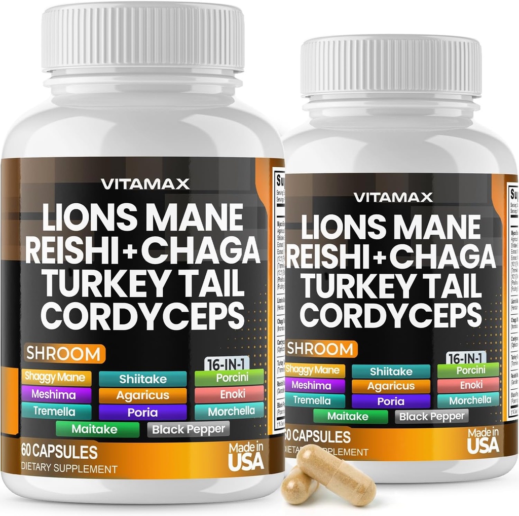 Vitamax Lions Mane Mushroom, Tyrkiet Tail, Chaga & Reishi, Cordyceps Shiitake White Elm King Trumpet Nameko Oyster Porcini Focus & Energy - Made in USA