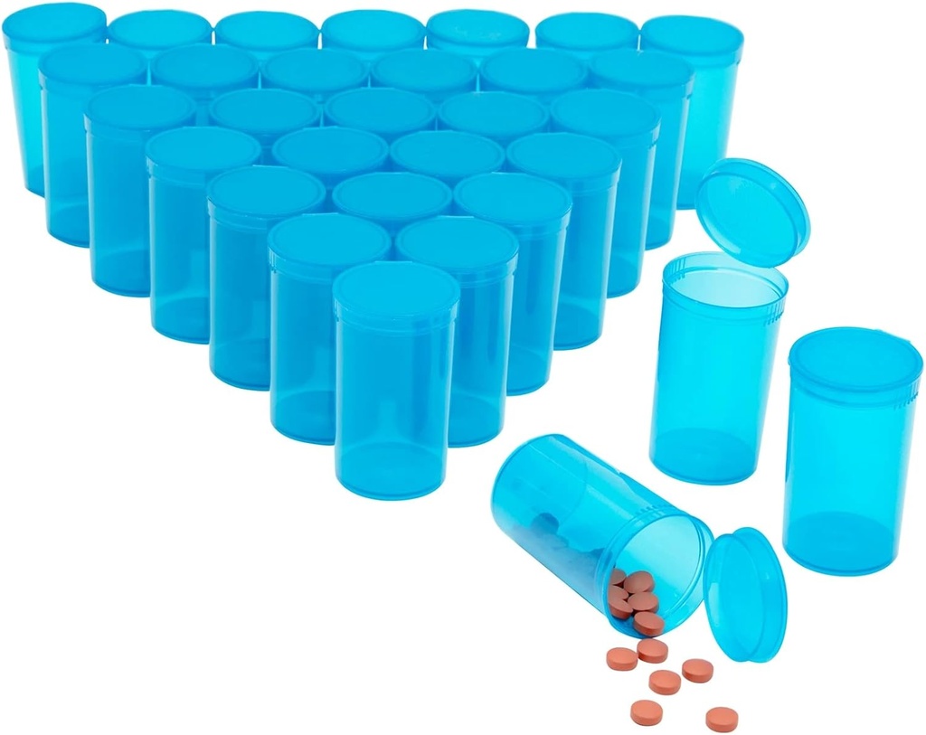 Juvale 30 Pack Tom Pop- Top Pill Flasker - 19 Dram Kapacitet - Blå plast - Caps for nem adgang - Medicin Containers & Vials med Caps - Squeeze- Open Travel Vials