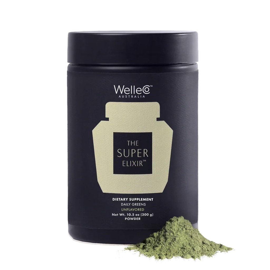 WelleCo The Super Elixir Daily Green Powder, Probiotic Drink Mix med Whole Foods, Gluten Free, Vegan Gut Health Powder, Energy, Immunity, Sund Hud, Hår & Nails (300g, Unflavored) Jar