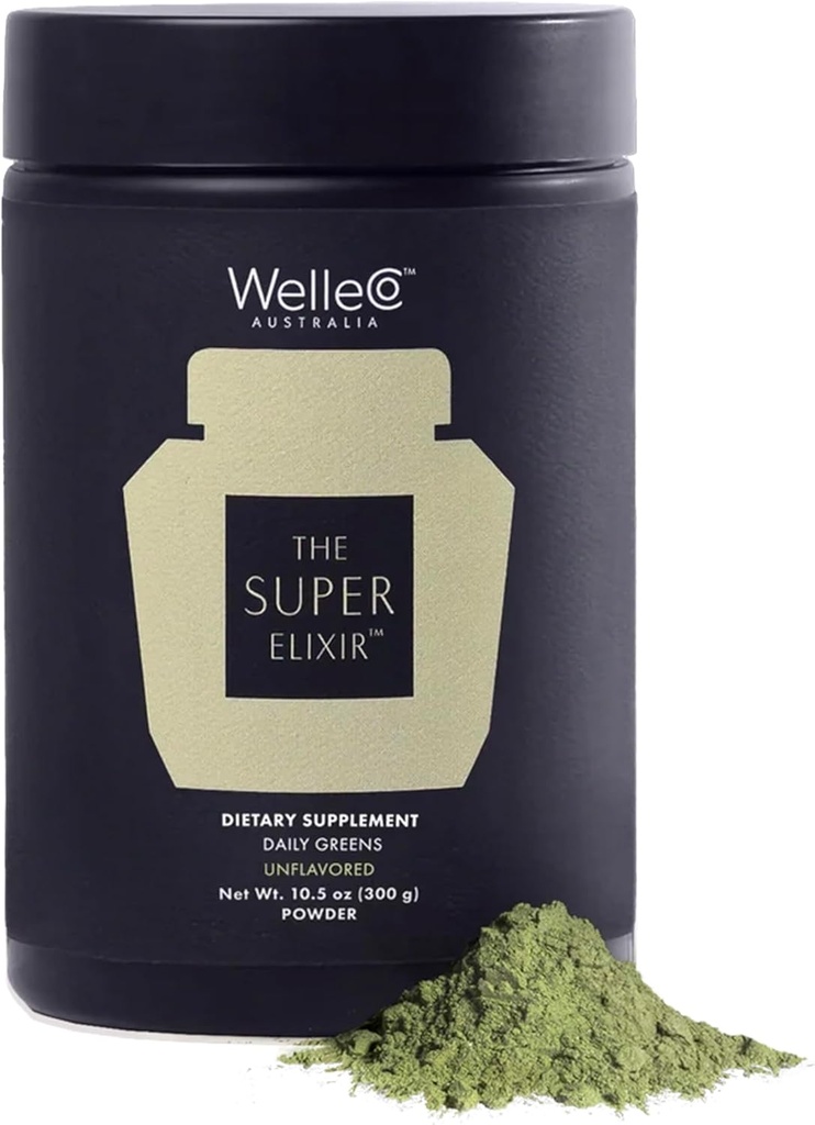 WelleCo The Super Elixir Daily Green Powder, Probiotic Drink Mix med Whole Foods, Gluten Free, Vegan Gut Health Powder, Energy, Immunity, Sund Hud, Hår & Nails (300g, Unflavored) Jar