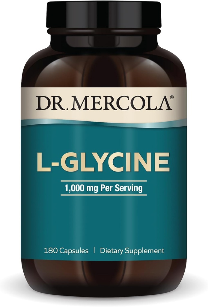 Dr. Mercola L- Glycine - Aids Produktion af Glutathione & Collagen - Understøtter hjerte, hjerne, fordøjelse, Metabolisme og immunforsvar - Non- GMO, Gluten- Free & Soy- Free - 180 kapsler (90 Servere)