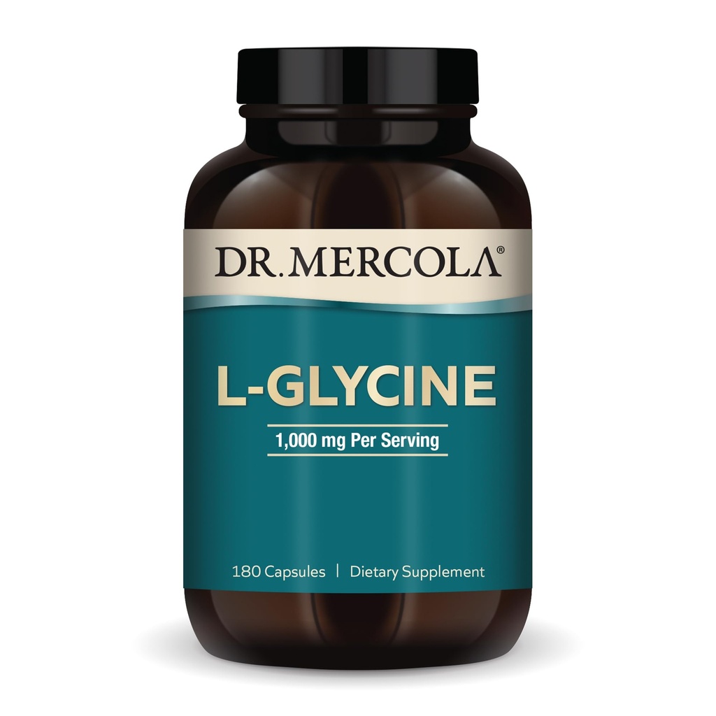 Dr. Mercola L- Glycine - Aids Produktion af Glutathione & Collagen - Understøtter hjerte, hjerne, fordøjelse, Metabolisme og immunforsvar - Non- GMO, Gluten- Free & Soy- Free - 180 kapsler (90 Servere)