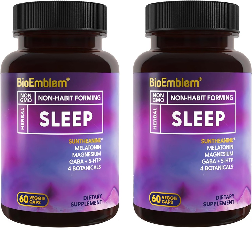 Bioemblem Natural Sleep Support for Voksen med Melatonin, Valerian Root, Suntheanin & Mere • 124; Sund søvn Supplement • 124; Urtepiller • 124; 60 kapsler, 2 pakker