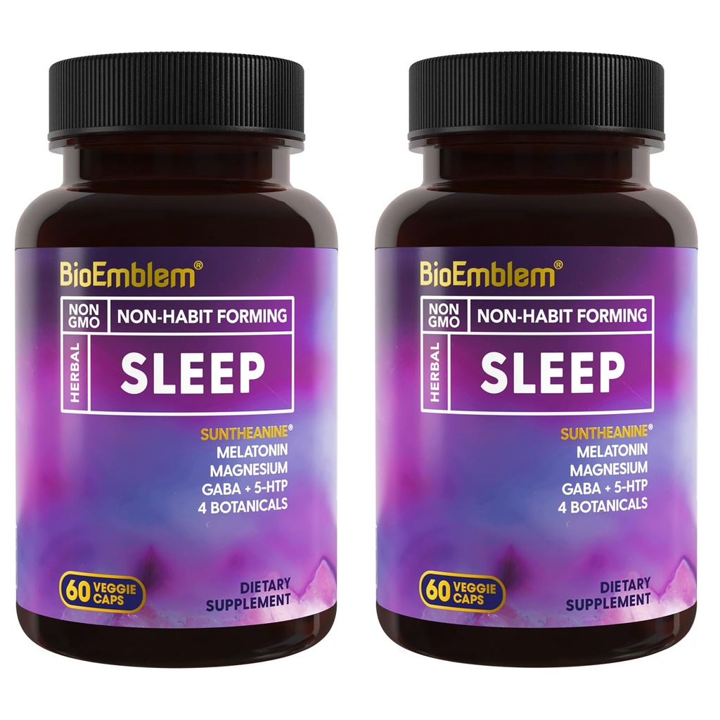 Bioemblem Natural Sleep Support for Voksen med Melatonin, Valerian Root, Suntheanin & Mere • 124; Sund søvn Supplement • 124; Urtepiller • 124; 60 kapsler, 2 pakker