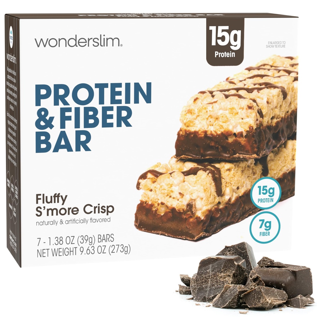 Wonderslim High Fiber Protein Bars, Fluffy S 'more Crisp 124; 15g Protein, 8g Fiber Budd124; Lavsukker, Lavcarb Budd124; Sund vedholdenhed Budding124; Tilfredsstillende, Støtter Energi & On- the- Go Convenience, 7 Pack