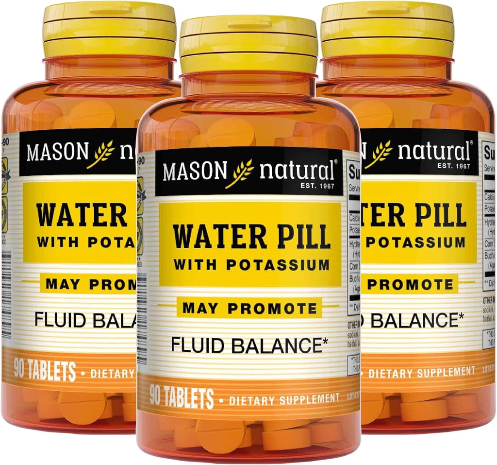 Mason Natural Water Pill med kalium og calcium - Understøtter Fluid Balance, Hjælper Relieve Bloating og Hævelse, Natural Diuretic Supplement, 90 tabletter (pakke med 3)