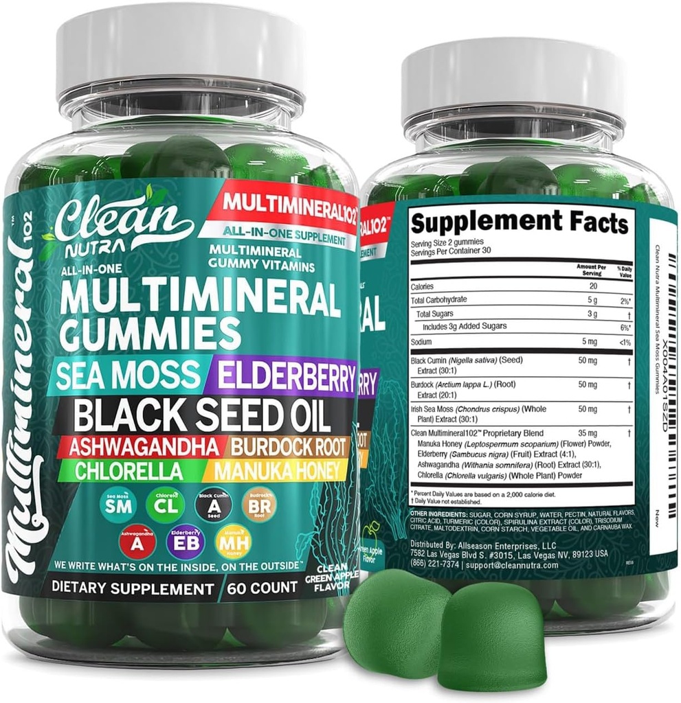 Sea Moss Gummies Yester124; Klinisk testet - Black Seed Oil Ashwagandha Elderberry Burdock Root Chlorella Manuka Honey - Vegansk Irish Sea Moss Gummy Vitamin for voksne børn Mænd Kvinder - Green Apple Flavor