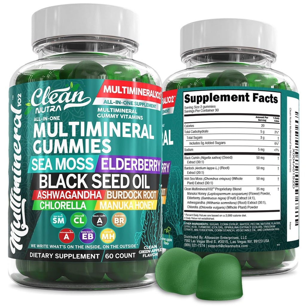 Sea Moss Gummies Yester124; Klinisk testet - Black Seed Oil Ashwagandha Elderberry Burdock Root Chlorella Manuka Honey - Vegansk Irish Sea Moss Gummy Vitamin for voksne børn Mænd Kvinder - Green Apple Flavor