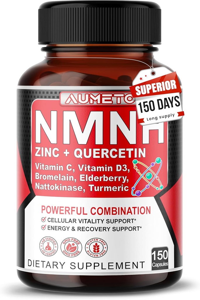 NMNH 600 mg med zink, Quercetin, D3- vitamin, Elderberry & Nattokinase - Daglig Cellular Wellness & Sund Aging Support - 150 kapsler - Made in USA