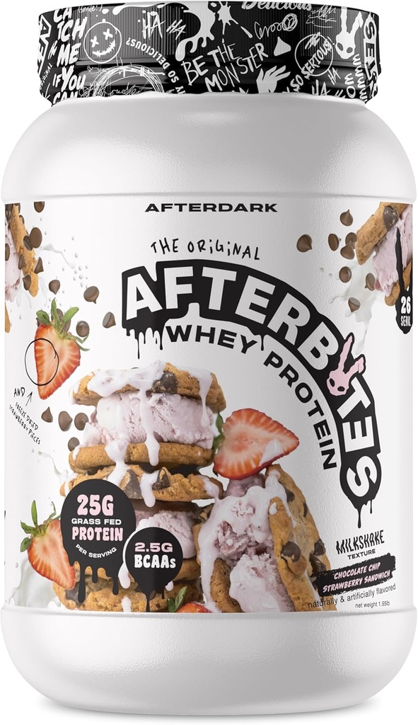 AFTERDARK Afterbites Whey Protein Powder, 25g Protein, 4.5g BCAA 's, Easy Opløsning, Ingen kunstige farver eller Fillers, Isolate Protein, USA Made, 26 Servering, Strawberry Cookie Sandwich