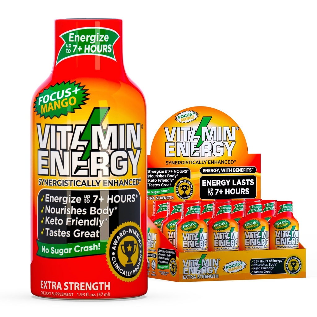Vitamin Energy Focus + Extra Strength Energy Shot Mango 12 Pack, 260mg Natural Coffein, B- Vitaminer, CoQ10, Aminosyrer, Focus, Produktivitet & Clarity, Zero Sugar, Gluten- Free, 1,93 fl oz