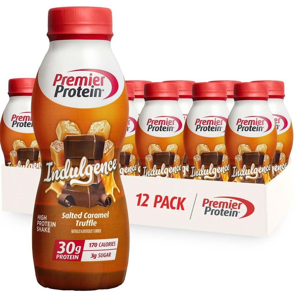 Premier Protein Indulence Protein Shake, 30g Protein, 3g Sukker, Saltet Karamel trøffel, 11,5 fl oz, Pakning med 12 stk.