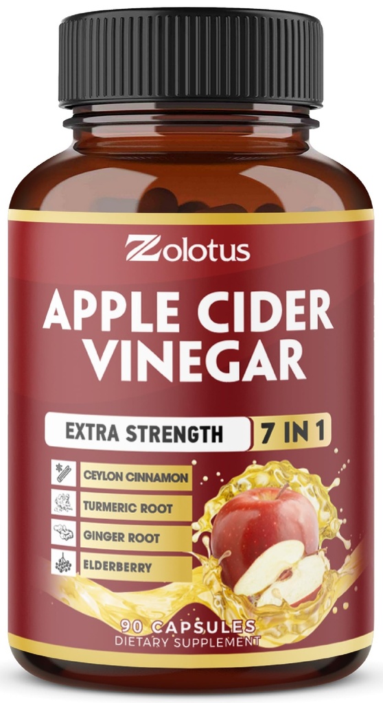 Zolotus 7 i 1 Apple Cider Vinciferkapsler, 3 Måned Supply with Ceylon Cinnamon, Ginger Root, Gurkemeje, Elderberry til støtte fordøjelse, immun, 90 Kapsler