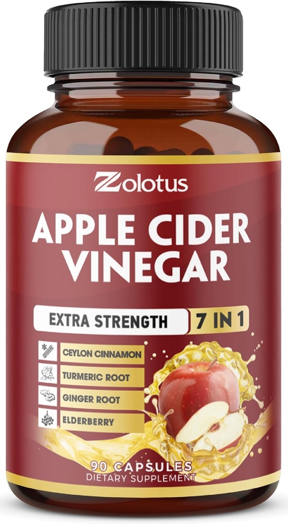 Zolotus 7 in 1 Apple Cider Vinegar Capsules, 3 Month Supply with Ceylon Cinnamon, Ginger Root, Turmeric, Elderberry for Supports Digestion, Immune, 90 Capsules