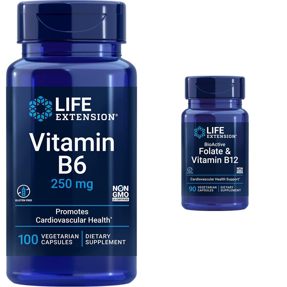 Life Extension Vitamin B6 250 mg, 100 Vegetariske Kapsler & Folate & Vitamin B12, Vegetariske Kapsler, Hvid, 90 Greve