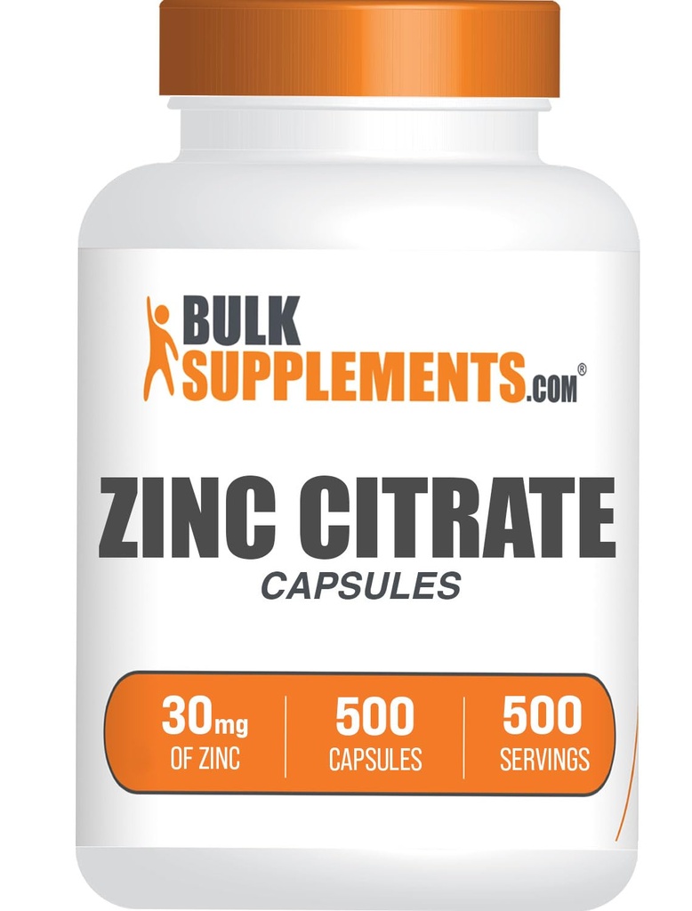 Bulk Supplements.com Zink Citrate Kapsler - Zink Kosttilskud, Gluten Free - 30mg per servering, 1 Kapsel per servering, 500 Count (pakke med 1)