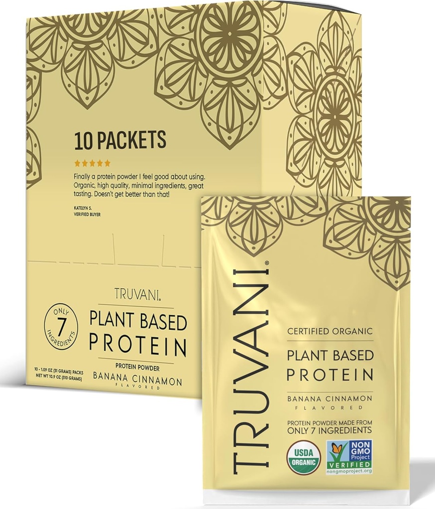 Truvani Vegan Pea Protein Powder 124; Banana Cinnameled 124; 20g Organic Plant Based Proteiner 124; Single Serving Travel Packets • 124; 10 Servings • 124; Keto • 124; Gluten & Dairy Free • 124; Low Carb • 124; Ingen tilsat sukker