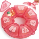 Round Weekly Pill Organizer, TPU Rubberized, Travel Pill Container 7 Dag, med 7 store kompartmenter, Great for daglige vitaminer & kosttilskud, Cute Pill Case med store bogstaver og braille (Rose)