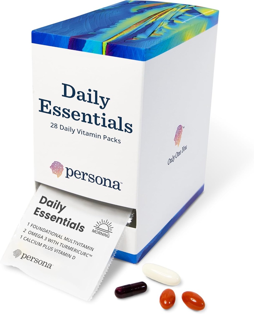 Persona Nutrition Daily Essentials Multivitamin Pack til kvinder og mænd (28 Pack) - Inkluderer Omega 3 med gurkemeje, Calcium, D-vitamin & Complete Voksen Multivitamin