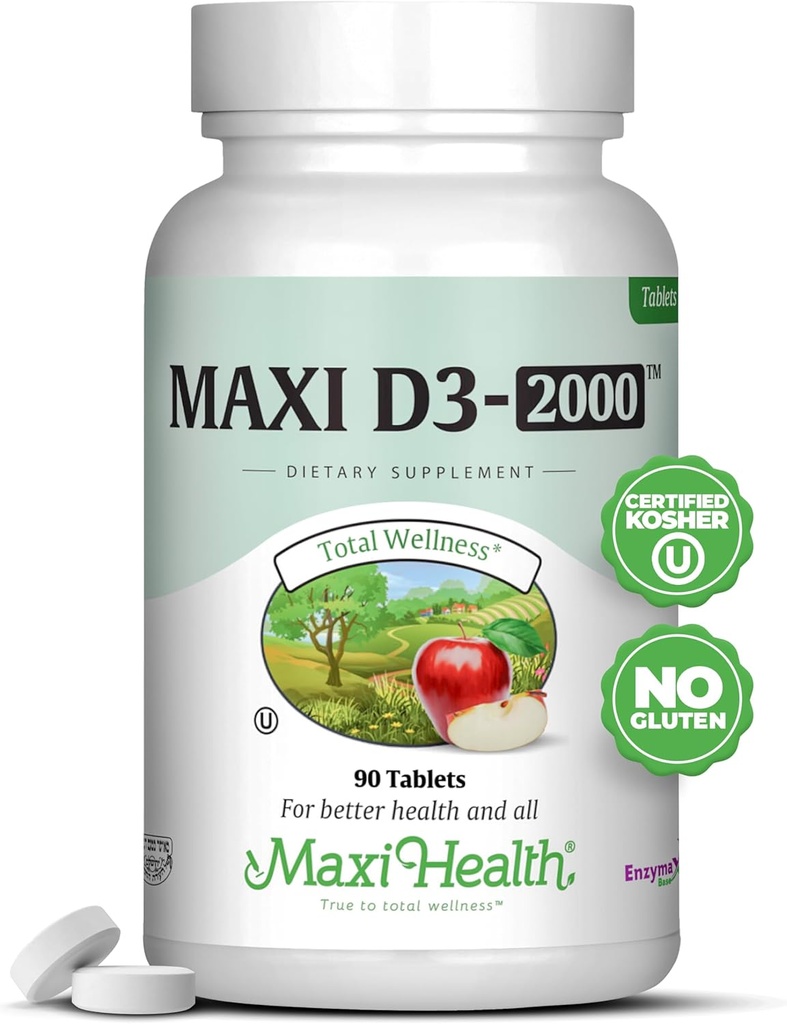 Maxi- Health Vitamin D3 2000 IE - For sund muskelfunktion, Knogletilskud - 90 tabletter - Bedste Kosher supplement til voksne