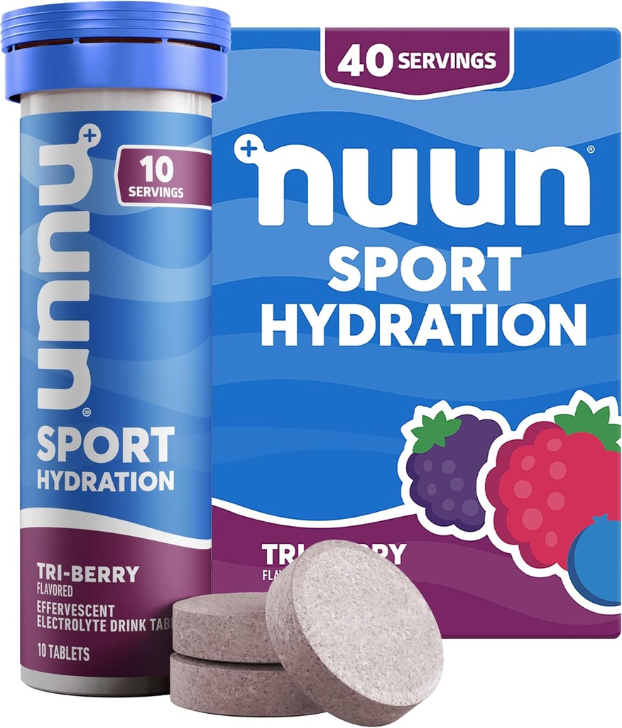 Nuun Sport Electrolyte Tablets with Magnesium, Calcium, Kalium, Chlorid & Natrium, Gluten Free & Vegan, Tri- Berry, 4 Pack (40 Servere i alt)