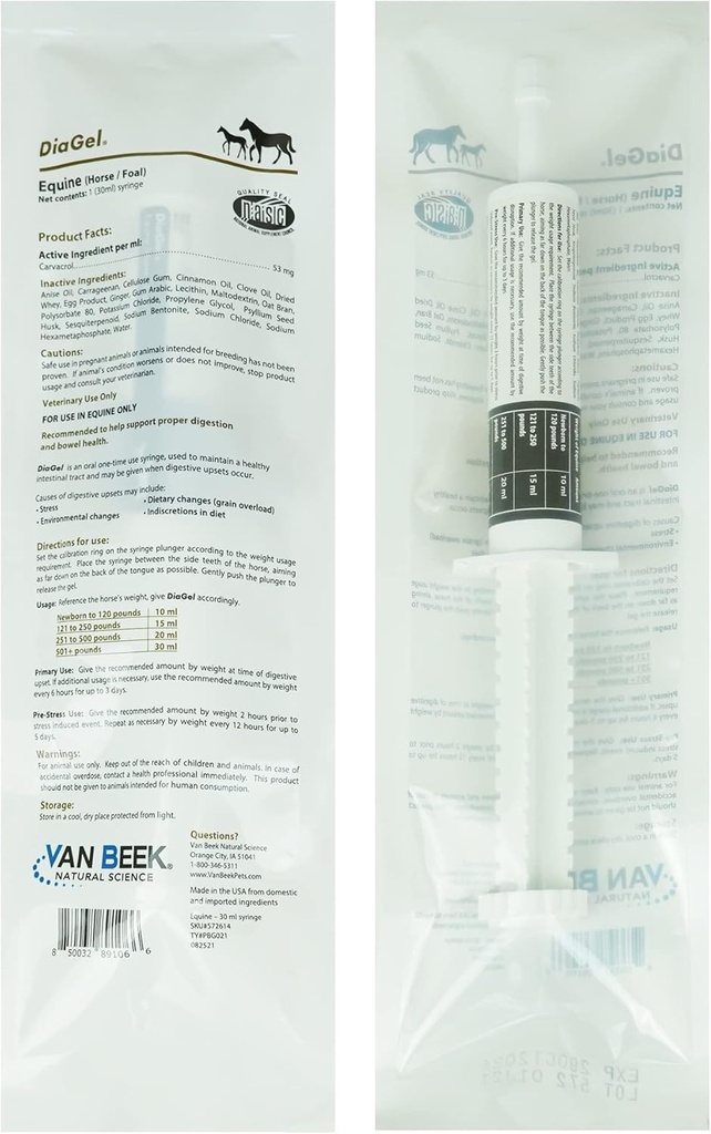 DiaGel til heste - Orally Administreret Gel til lejlighedsvis Loose Stools og fordøjelsesbesvær - Natural Horse Products - Van Beek Natural Science