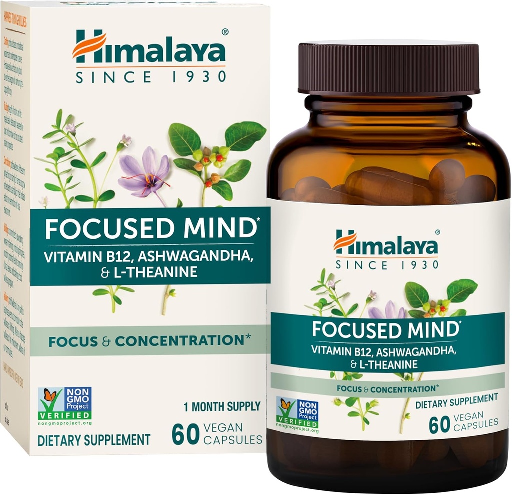 Himalaya fokuseret sind med Ashwagandha, Bacopa & L- Theanine for fokus, energi og opmærksomhed, 60 kapsler, 1 måned Supply, Vegan, Gluten Free