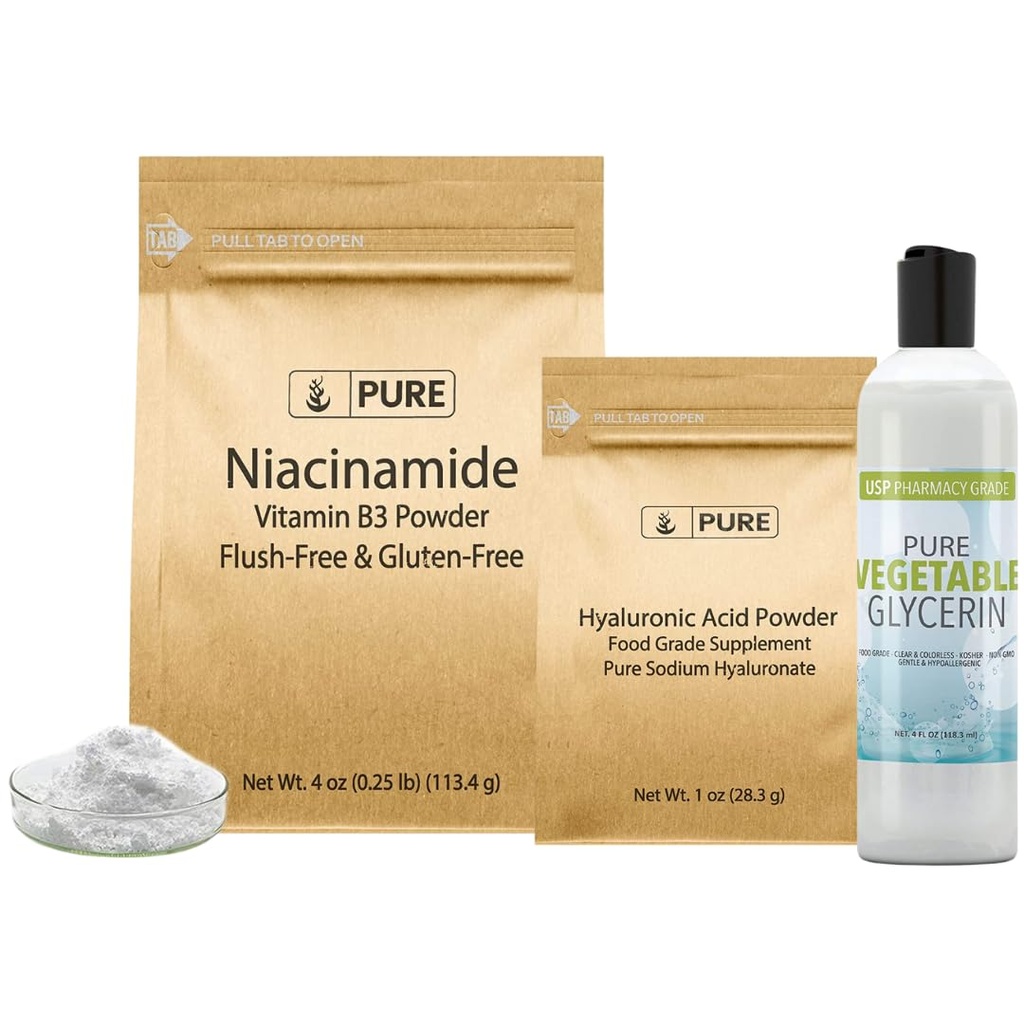 Pure Original Ingredienser Hyaluronsyre, Niacinamid, og Glycerin Bundle, Forskellige størrelser, Odorless, Farveløs