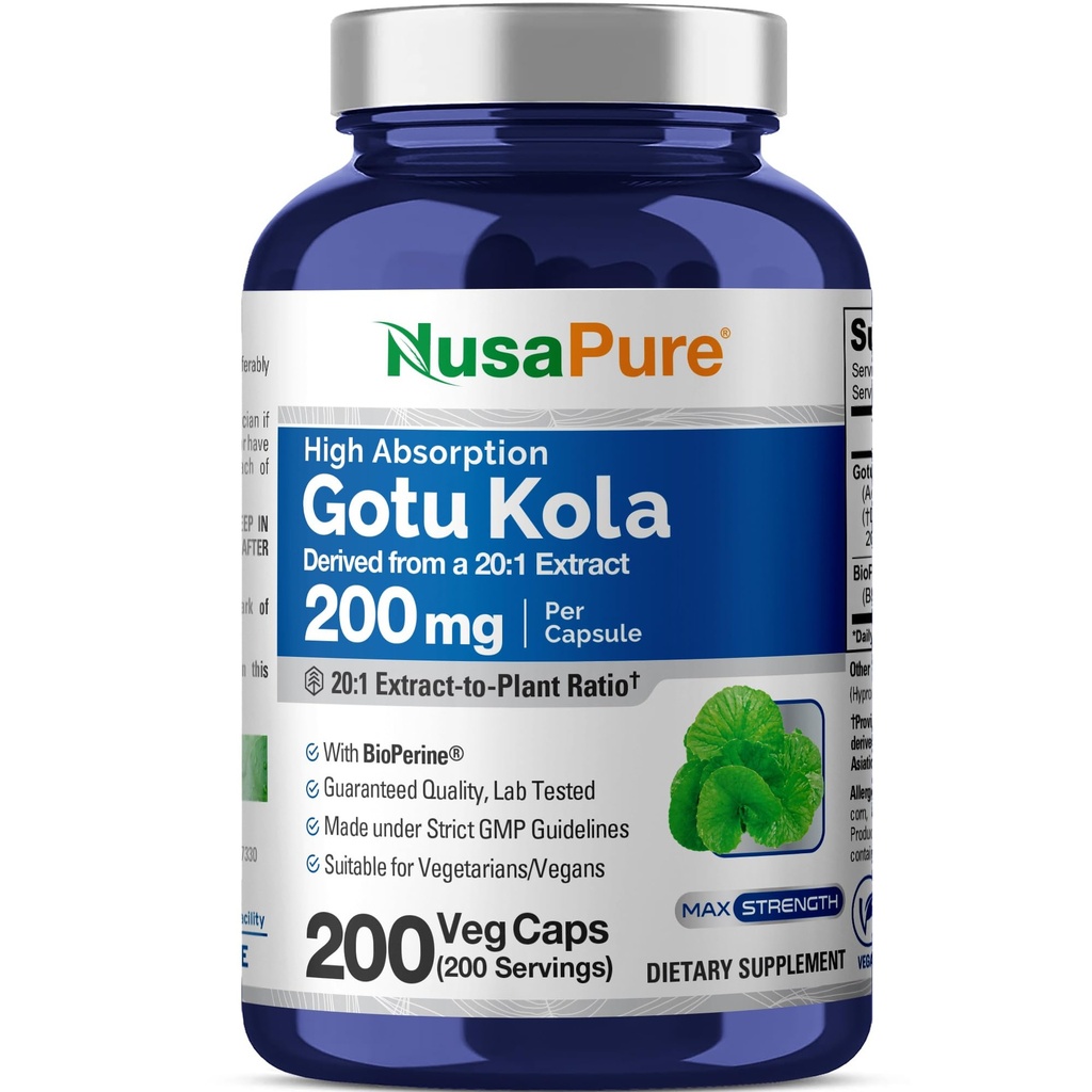 NusaPure Gotu Kola Capsules 20: 1 Extract, 200 mg Ækvivalent med 400mg Per Veggie Caps, 200 Count, Non- GMO, Vegan, Bioperine - Traditional Herb Extract