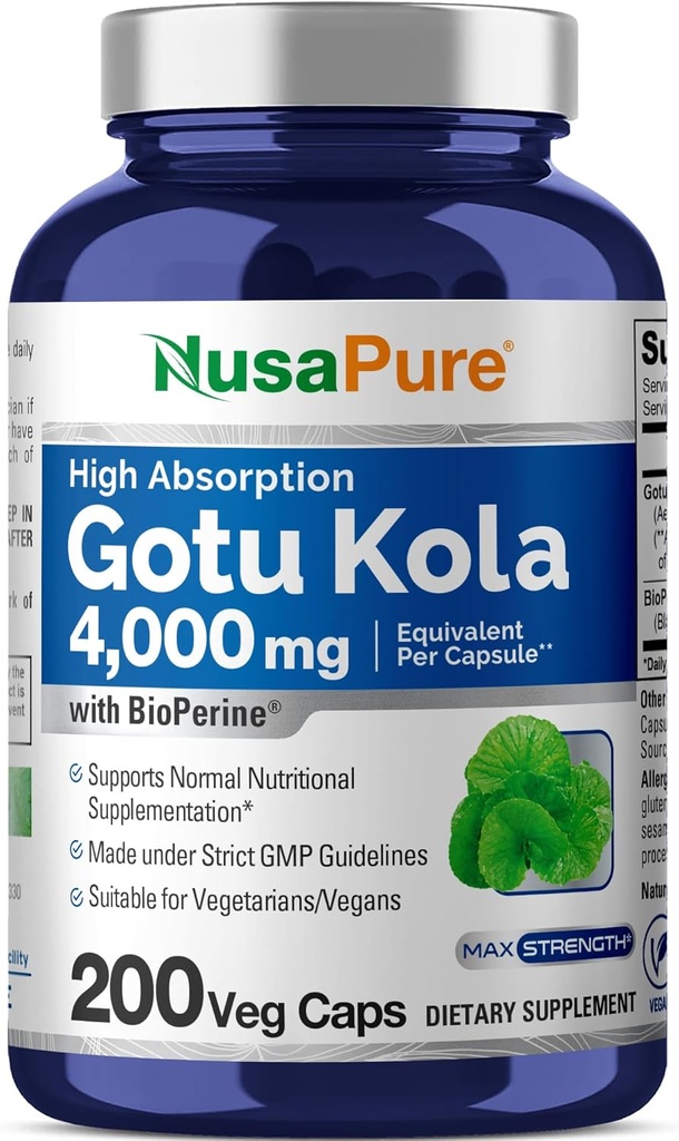 NusaPure Gotu Kola Capsules 20:1 Extract, 200 mg Equivalent to 4000mg Per Veggie Caps, 200 Count, Non-GMO, Vegan, Bioperine - Traditional Herb Extract