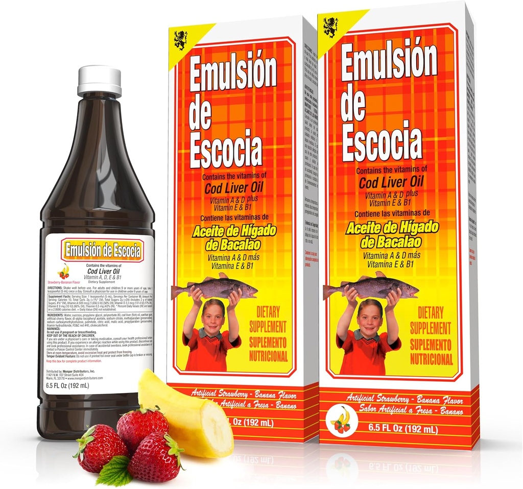 Emulsión de Escocia Cod Liver Oil Liquid Supplement med Vitaminer A, D, E & B1 - Natural Fish Oil Omega 3 for børn og voksne - lækker Strawberry Banana Flavor - 6.5 oz (2 - Pack)