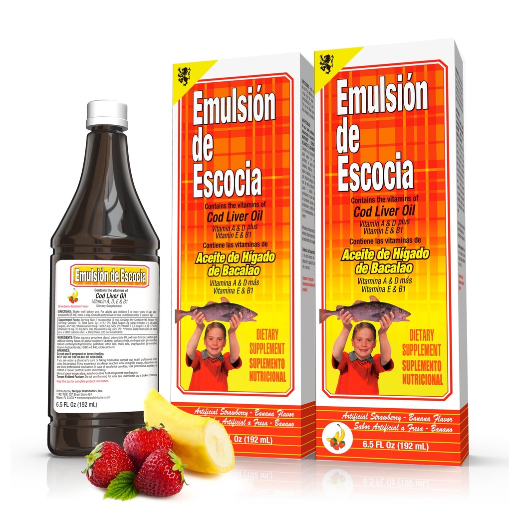 Emulsión de Escocia Cod Liver Oil Liquid Supplement med Vitaminer A, D, E & B1 - Natural Fish Oil Omega 3 for børn og voksne - lækker Strawberry Banana Flavor - 6.5 oz (2 - Pack)