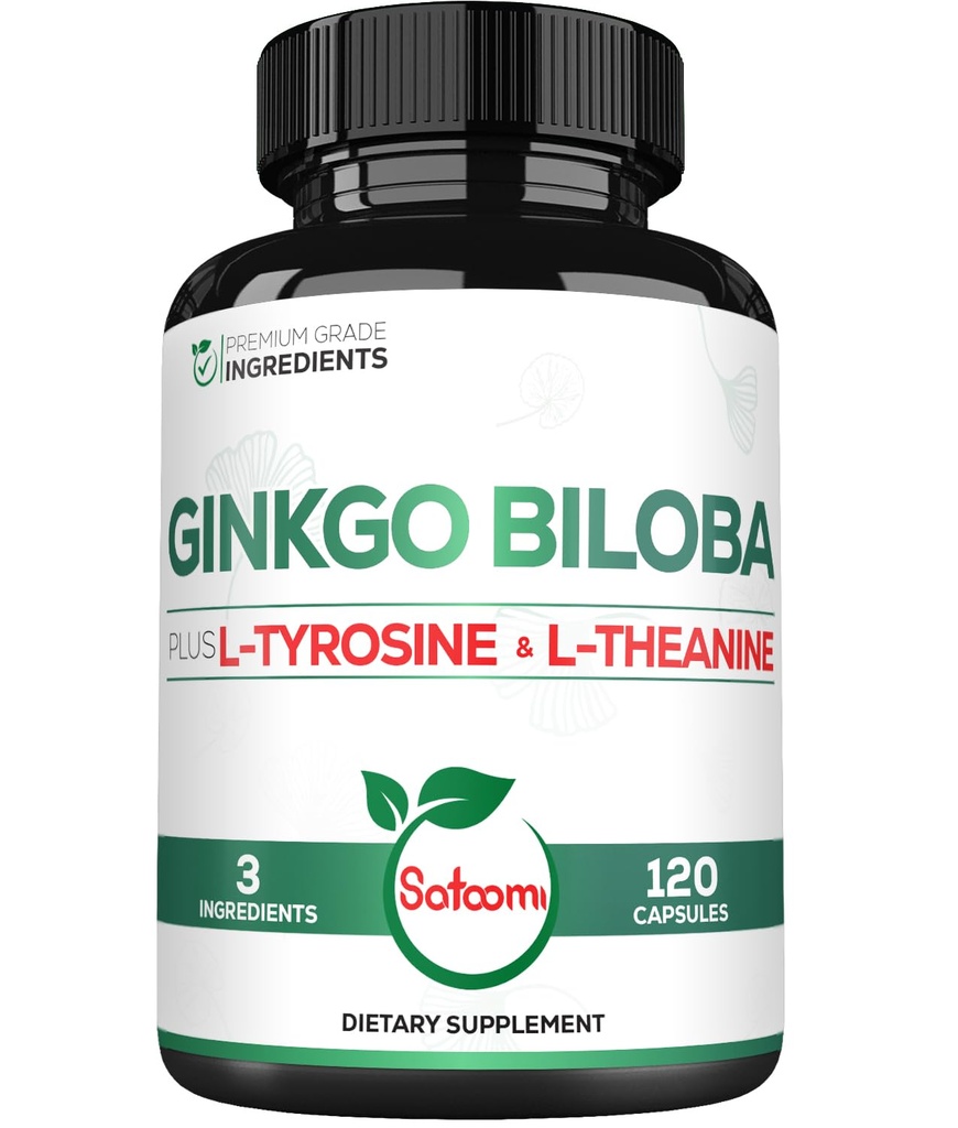 1000mg Ginkgo Biloba Kosttilskud med L- Tyrosine, L- Theanine - 120 kapsler til 2-måneders levering - Support Focus, Mermory funktion, Brain Health & Vision Quality