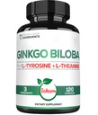 1000mg Ginkgo Biloba Kosttilskud med L- Tyrosine, L- Theanine - 120 kapsler til 2-måneders levering - Support Focus, Mermory funktion, Brain Health & Vision Quality