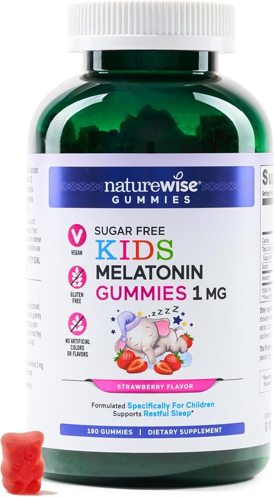 NatureWise Kids Melatonin 1 mg Sugar- Free Gummies for Children Age 4 & Up - Non- Habit Danning Sleep Aid - Strawberry Flavored - Vegan, No Gluten, Non- GMO - 180 Greve [6-måned Tilgang]
