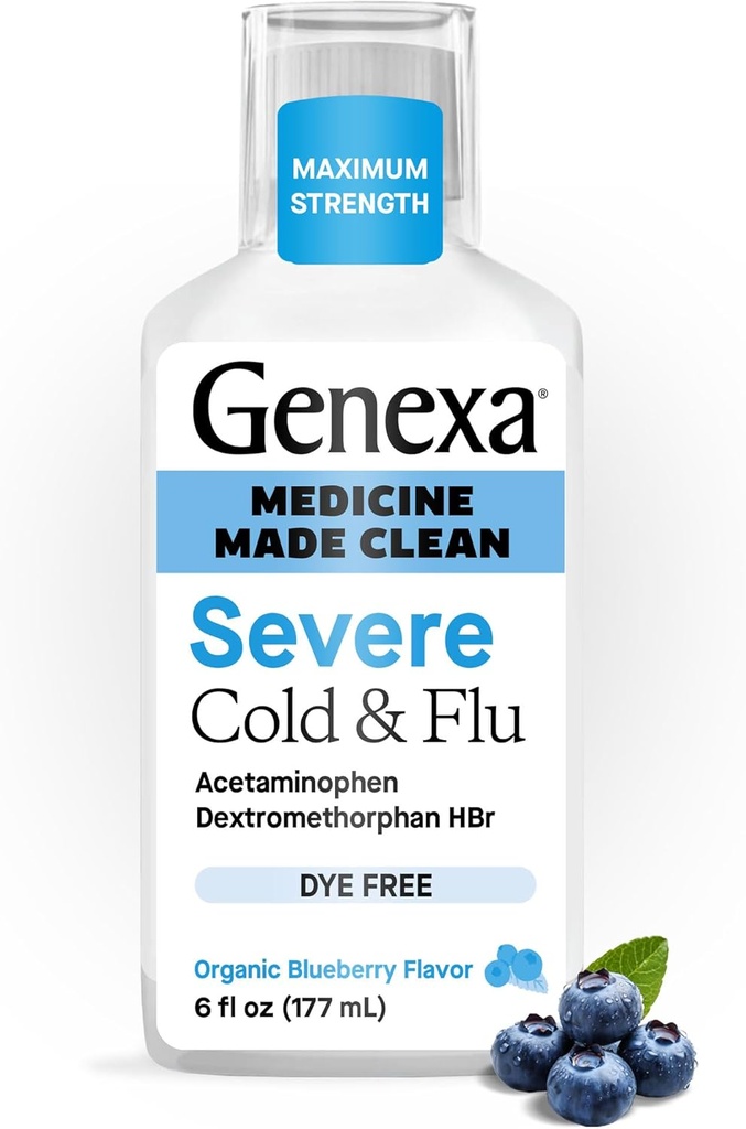 Genexa Clean Cold & Flu Relief, Dye Free, 0% Kunstige Tilsætningsstoffer, Alvorlig Dagtids Medicin til Kropssmerter, Hoste, Kold og Flu, Hovedpine, Feber, Brystforstoppelse, Økologisk Blåbær Flavor, 6 fl oz